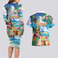 Hawaii Cocktails Couples Matching Long Sleeve Bodycon Dress and Hawaiian Shirt Parrot with Cute Beach Landscape and Tropical Plants