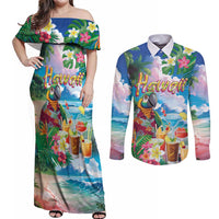 Hawaii Cocktails Couples Matching Off Shoulder Maxi Dress and Long Sleeve Button Shirt Parrot with Cute Beach Landscape and Tropical Plants