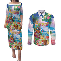 Hawaii Cocktails Couples Matching Puletasi and Long Sleeve Button Shirt Parrot with Cute Beach Landscape and Tropical Plants