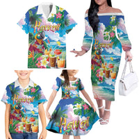 Hawaii Cocktails Family Matching Off The Shoulder Long Sleeve Dress and Hawaiian Shirt Parrot with Cute Beach Landscape and Tropical Plants