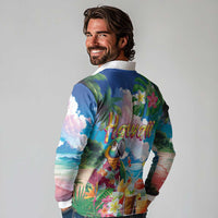 Hawaii Cocktails Long Sleeve Polo Shirt Parrot with Cute Beach Landscape and Tropical Plants