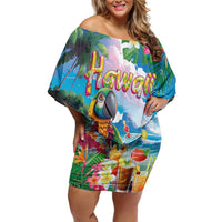 Hawaii Cocktails Off Shoulder Short Dress Parrot with Cute Beach Landscape and Tropical Plants