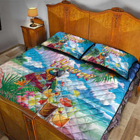 Hawaii Cocktails Quilt Bed Set Parrot with Cute Beach Landscape and Tropical Plants