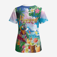 Hawaii Cocktails Scrub Top Parrot with Cute Beach Landscape and Tropical Plants - Polynesian Pride