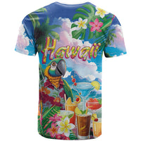 Hawaii Cocktails T Shirt Parrot with Cute Beach Landscape and Tropical Plants