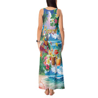 Hawaii Cocktails Tank Maxi Dress Parrot with Cute Beach Landscape and Tropical Plants