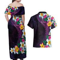 Hawaiian Plumeria-Polynesian Art Tattoo Mauve Color Couples Matching Off Shoulder Maxi Dress and Hawaiian Shirt