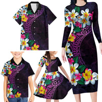 Hawaiian Plumeria-Polynesian Art Tattoo Mauve Color Family Matching Long Sleeve Bodycon Dress and Hawaiian Shirt