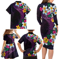Hawaiian Plumeria-Polynesian Art Tattoo Mauve Color Family Matching Long Sleeve Bodycon Dress and Hawaiian Shirt