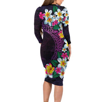 Hawaiian Plumeria-Polynesian Art Tattoo Mauve Color Long Sleeve Bodycon Dress
