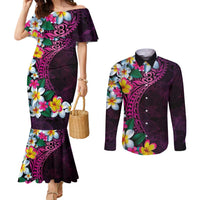 Hawaiian Plumeria-Polynesian Art Tattoo Plum Pink Color Couples Matching Mermaid Dress and Long Sleeve Button Shirt