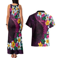 Hawaiian Plumeria-Polynesian Art Tattoo Plum Pink Color Couples Matching Tank Maxi Dress and Hawaiian Shirt