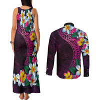 Hawaiian Plumeria-Polynesian Art Tattoo Plum Pink Color Couples Matching Tank Maxi Dress and Long Sleeve Button Shirt