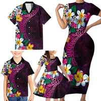 Hawaiian Plumeria-Polynesian Art Tattoo Plum Pink Color Family Matching Short Sleeve Bodycon Dress and Hawaiian Shirt