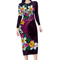 Hawaiian Plumeria-Polynesian Art Tattoo Plum Pink Color Long Sleeve Bodycon Dress
