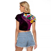 Hawaiian Plumeria-Polynesian Art Tattoo Plum Pink Color Raglan Cropped T Shirt LT03 - Polynesian Pride