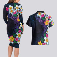 Hawaiian Plumeria-Polynesian Art Tattoo Frosted Blue Violet Color Couples Matching Long Sleeve Bodycon Dress and Hawaiian Shirt