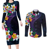 Hawaiian Plumeria-Polynesian Art Tattoo Frosted Blue Violet Color Couples Matching Long Sleeve Bodycon Dress and Long Sleeve Button Shirt