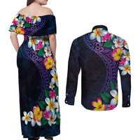 Hawaiian Plumeria-Polynesian Art Tattoo Frosted Blue Violet Color Couples Matching Off Shoulder Maxi Dress and Long Sleeve Button Shirt