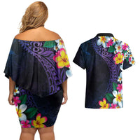 Hawaiian Plumeria-Polynesian Art Tattoo Frosted Blue Violet Color Couples Matching Off Shoulder Short Dress and Hawaiian Shirt