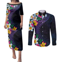 Hawaiian Plumeria-Polynesian Art Tattoo Frosted Blue Violet Color Couples Matching Puletasi and Long Sleeve Button Shirt LT03 Blue - Polynesian Pride