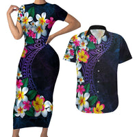 Hawaiian Plumeria-Polynesian Art Tattoo Frosted Blue Violet Color Couples Matching Short Sleeve Bodycon Dress and Hawaiian Shirt