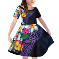 Hawaiian Plumeria-Polynesian Art Tattoo Frosted Blue Violet Color Family Matching Off Shoulder Short Dress and Hawaiian Shirt
