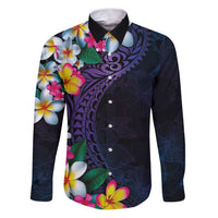 Hawaiian Plumeria-Polynesian Art Tattoo Frosted Blue Violet Color Family Matching Puletasi and Hawaiian Shirt LT03 Dad's Shirt - Long Sleeve Blue - Polynesian Pride