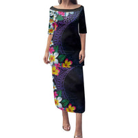 Hawaiian Plumeria-Polynesian Art Tattoo Frosted Blue Violet Color Family Matching Puletasi and Hawaiian Shirt LT03 Mom's Dress Blue - Polynesian Pride