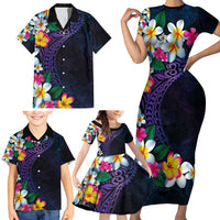 Hawaiian Plumeria-Polynesian Art Tattoo Frosted Blue Violet Color Family Matching Short Sleeve Bodycon Dress and Hawaiian Shirt
