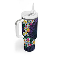 Hawaiian Plumeria-Polynesian Art Tattoo Frosted Blue Violet Color Tumbler With Handle