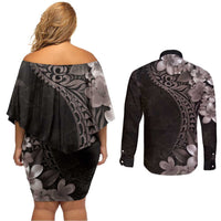 Hawaiian Plumeria-Polynesian Art Tattoo Grayscale Color Couples Matching Off Shoulder Short Dress and Long Sleeve Button Shirt