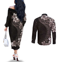 Hawaiian Plumeria-Polynesian Art Tattoo Grayscale Color Couples Matching Off The Shoulder Long Sleeve Dress and Long Sleeve Button Shirt