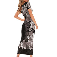 Hawaiian Plumeria-Polynesian Art Tattoo Grayscale Color Family Matching Short Sleeve Bodycon Dress and Hawaiian Shirt