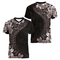 Hawaiian Plumeria-Polynesian Art Tattoo Grayscale Color Women V-Neck T-Shirt LT03 - Polynesian Pride