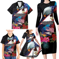 American Samoa and United States Together Family Matching Long Sleeve Bodycon Dress and Hawaiian Shirt National Flag with Eagle-Hibiscus and Rose