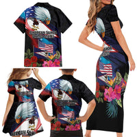 American Samoa and United States Together Family Matching Short Sleeve Bodycon Dress and Hawaiian Shirt National Flag with Eagle-Hibiscus and Rose