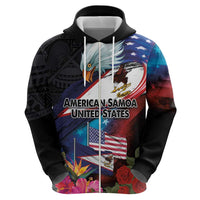 American Samoa and United States Together Zip Hoodie National Flag with Eagle-Hibiscus and Rose