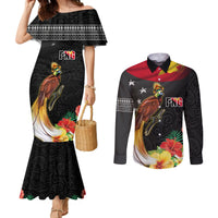 Papua New Guinea Independence Day Couples Matching Mermaid Dress and Long Sleeve Button Shirt PNG Flag and Bird-of-Paradise LT03 Black - Polynesian Pride