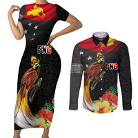 Papua New Guinea Independence Day Couples Matching Short Sleeve Bodycon Dress and Long Sleeve Button Shirt PNG Flag and Bird-of-Paradise LT03 Black - Polynesian Pride
