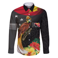 Papua New Guinea Independence Day Family Matching Off Shoulder Short Dress and Hawaiian Shirt PNG Flag and Bird-of-Paradise LT03 Dad's Shirt - Long Sleeve Black - Polynesian Pride