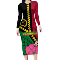 Vanuatu Flag Hibiscus Polynesian Pattern Family Matching Long Sleeve Bodycon Dress and Hawaiian Shirt LT03 Mom's Dress Black - Polynesian Pride