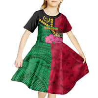 Vanuatu Flag Hibiscus Polynesian Pattern Kid Short Sleeve Dress