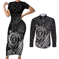 Hawaii Monk Seal and Dolphin Couples Matching Short Sleeve Bodycon Dress and Long Sleeve Button Shirt Polynesian Kakau Pattern Black White Color