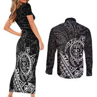 Hawaii Monk Seal and Dolphin Couples Matching Short Sleeve Bodycon Dress and Long Sleeve Button Shirt Polynesian Kakau Pattern Black White Color