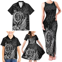 Hawaii Monk Seal and Dolphin Family Matching Tank Maxi Dress and Hawaiian Shirt Polynesian Kakau Pattern Black White Color