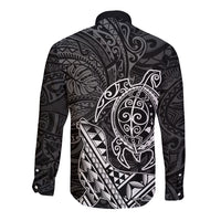 Hawaii Monk Seal and Dolphin Long Sleeve Button Shirt Polynesian Kakau Pattern Black White Color