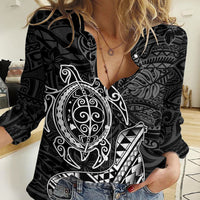 Hawaii Monk Seal and Dolphin Women Casual Shirt Polynesian Kakau Pattern Black White Color