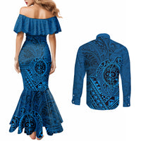 Hawaii Monk Seal and Dolphin Couples Matching Mermaid Dress and Long Sleeve Button Shirt Polynesian Kakau Pattern Blue