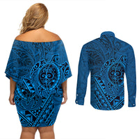 Hawaii Monk Seal and Dolphin Couples Matching Off Shoulder Short Dress and Long Sleeve Button Shirt Polynesian Kakau Pattern Blue